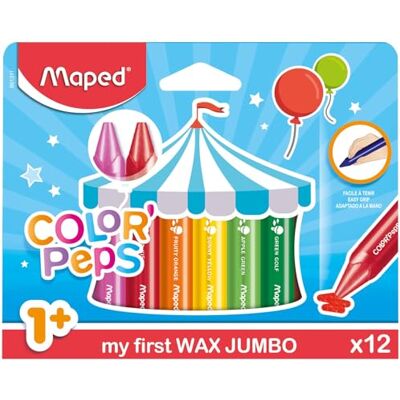 Maped Ceras de Colores Wax Jumbo, Set de 12 Crayones para Niños, Tacto Suave y Compacto con Funda de Papel para No Manchar, Colores Vibrantes y Resistentes Maped Ceras de Colores Wax Jumbo, Set de 12 Crayones para Niños, Tacto Suave y Compacto con Funda de Papel para No Manchar, Colores Vibrantes y Resistentes