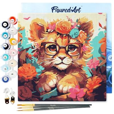 ART Mini Pintar por Números 20x20cm con marco para Adultos Cachorro de león de fantasía y flores Manualidades con pintura acrílica Kit Cuadro DIY completo ART Mini Pintar por Números 20x20cm con marco para Adultos Cachorro de león de fantasía y flores Manualidades con pintura acrílica Kit Cuadro DIY completo