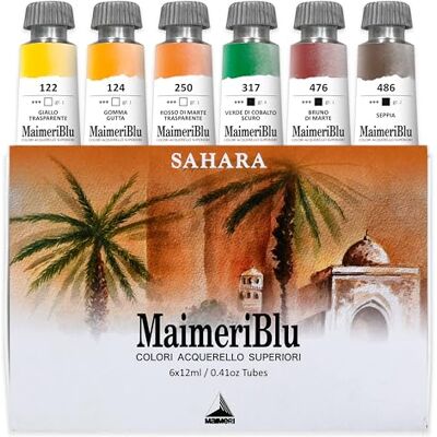 Maimeri BLU, Acuarelas de Bellas Artes, Set Sáhara, Caja de cartón, Colores Surtidos, 6 Unidades 12ml, Multicolor, 12 ml Maimeri BLU, Acuarelas de Bellas Artes, Set Sáhara, Caja de cartón, Colores Surtidos, 6 Unidades 12ml, Multicolor, 12 ml