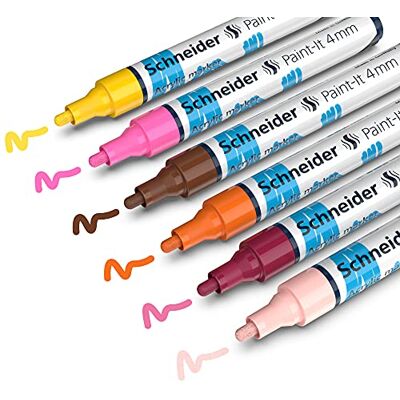 Schneider Paint-It Lápices acrílicos (juego de 3 con punta redonda de 4 mm, pinturas acrílicas de alta cobertura para madera, lienzo, piedra, etc.), 6 unidades, varios colores de trazo de 4 mm Schneider Paint-It Lápices acrílicos (juego de 3 con punta redonda de 4 mm, pinturas acrílicas de alta cobertura para madera, lienzo, piedra, etc.), 6 unidades, varios colores de trazo de 4 mm