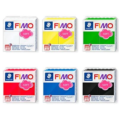 STAEDTLER Fimo Soft Pasta para modelar 6 bloques de colores básicos de 57 g cada uno, arcilla suave para horno para principiantes y artistas aficionados para modelar joyas y accesorios decorativos STAEDTLER Fimo Soft Pasta para modelar 6 bloques de colores básicos de 57 g cada uno, arcilla suave para horno para principiantes y artistas aficionados para modelar joyas y accesorios decorativos