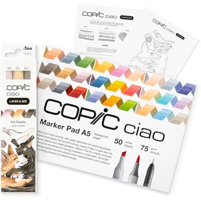 COPIC Ciao LAYER & MIX Starter Set Pet, juego de rotuladores con 3 colores diferentes, papel de rotulador y plantilla de dibujo para calcar, incl. hoja de ejercicios de familiarización COPIC Ciao LAYER & MIX Starter Set Pet, juego de rotuladores con 3 colores diferentes, papel de rotulador y plantilla de dibujo para calcar, incl. hoja de ejercicios de familiarización