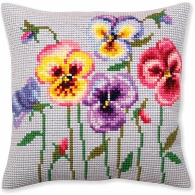 Kit de cojín de punto de cruz Pansies, Artículo: 5 384 Colección Art Tamaño 40x40 cm. Kit de cojín de punto de cruz Pansies, Artículo: 5 384 Colección Art Tamaño 40x40 cm.