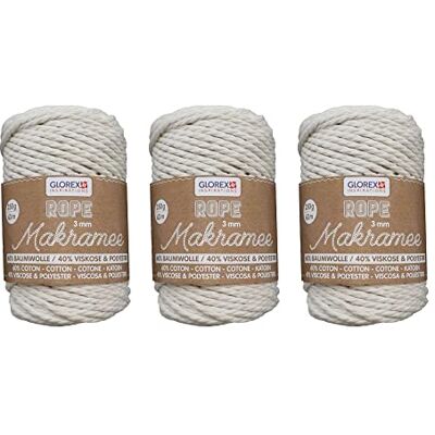 GLOREX Lote de 3 cuerdas de macramé de 60% algodón & 40% viscosa/poliéster, 500 g cada una en color crema, 3 mm de hilo de algodón de triple torsión GLOREX Lote de 3 cuerdas de macramé de 60% algodón & 40% viscosa/poliéster, 500 g cada una en color crema, 3 mm de hilo de algodón de triple torsión