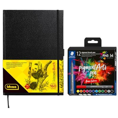 Idena 90303 – Cuaderno de bocetos DIN A4 con 160 páginas, en blanco, incluye 12 rotuladores Staedtler con punta de pincel para ancho de línea variable Idena 90303 – Cuaderno de bocetos DIN A4 con 160 páginas, en blanco, incluye 12 rotuladores Staedtler con punta de pincel para ancho de línea variable