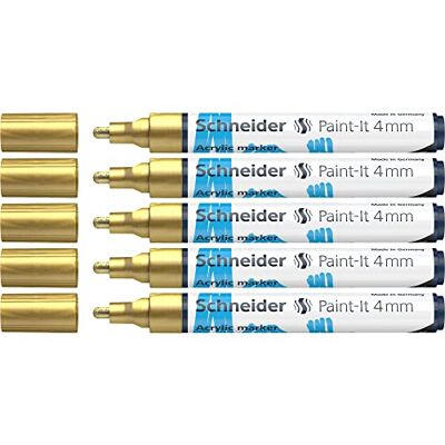 Schneider Paint-It Lápices acrílicos (con punta redonda de 4 mm, pinturas acrílicas de alta cobertura para madera, lienzo, piedra, etc.), 5 unidades, color dorado Schneider Paint-It Lápices acrílicos (con punta redonda de 4 mm, pinturas acrílicas de alta cobertura para madera, lienzo, piedra, etc.), 5 unidades, color dorado