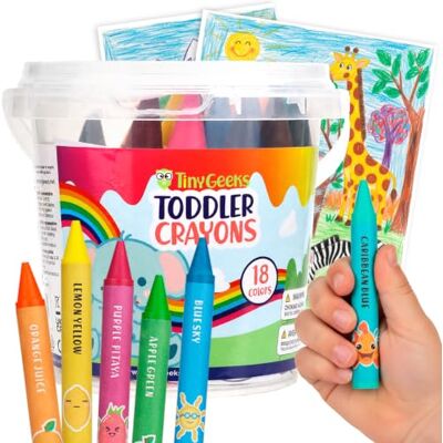 TinyGeeks Crayones Jumbo para Niños Pequeños, 18 Unidades, Lavables y No Tóxicos Incluye Hojas para Colorear, Agarre Grueso Irrompible, Certificado sin Plomo ni Ftalatos, Viene en Cubo Resistente TinyGeeks Crayones Jumbo para Niños Pequeños, 18 Unidades, Lavables y No Tóxicos Incluye Hojas para Colorear, Agarre Grueso Irrompible, Certificado sin Plomo ni Ftalatos, Viene en Cubo Resistente