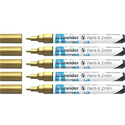 Schneider Paint-It Rotuladores acrílicos (punta redonda de 2 mm, 5 unidades), color dorado Schneider Paint-It Rotuladores acrílicos (punta redonda de 2 mm, 5 unidades), color dorado