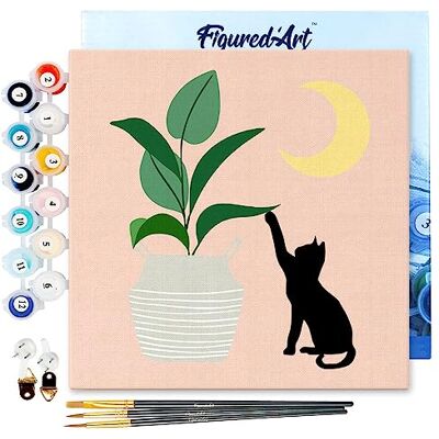 ART Mini Pintar por Números 20x20cm con marco para Adultos Gatito y planta con luna Manualidades con pintura acrílica Kit Cuadro DIY completo ART Mini Pintar por Números 20x20cm con marco para Adultos Gatito y planta con luna Manualidades con pintura acrílica Kit Cuadro DIY completo