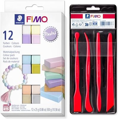 STAEDTLER Set Pastel Colours FIMO Soft, pasta para modelar que se endurece al horno, 12 semibloques de 25 g y 4 herramientas de modelado diferentes STAEDTLER Set Pastel Colours FIMO Soft, pasta para modelar que se endurece al horno, 12 semibloques de 25 g y 4 herramientas de modelado diferentes