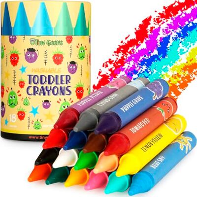 TinyGeeks Crayones Jumbo No Tóxicos y Lavables para Niños, 18 Colores Etiquetas que Enseñan Nuevas Palabras, Forma Redondeada Fácil de Agarrar, Contenedor Resistente y Portátil TinyGeeks Crayones Jumbo No Tóxicos y Lavables para Niños, 18 Colores Etiquetas que Enseñan Nuevas Palabras, Forma Redondeada Fácil de Agarrar, Contenedor Resistente y Portátil