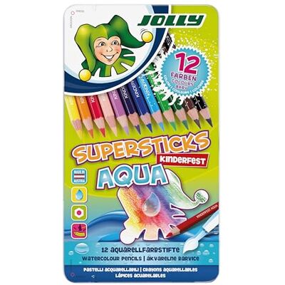 JOLLY Supersticks Kinderfest AQUA estuche metálico de 12, lápices de acuarela con mina de 3,8 mm, estuche de madera reforzado, para vivos efectos de acuarela JOLLY Supersticks Kinderfest AQUA estuche metálico de 12, lápices de acuarela con mina de 3,8 mm, estuche de madera reforzado, para vivos efectos de acuarela