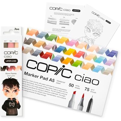 COPIC Ciao LAYER & MIX Starter Set Warm, juego de rotuladores con 3 colores diferentes, papel de rotulador y plantilla de dibujo para calcar, incl. hoja de ejercicios de familiarización COPIC Ciao LAYER & MIX Starter Set Warm, juego de rotuladores con 3 colores diferentes, papel de rotulador y plantilla de dibujo para calcar, incl. hoja de ejercicios de familiarización