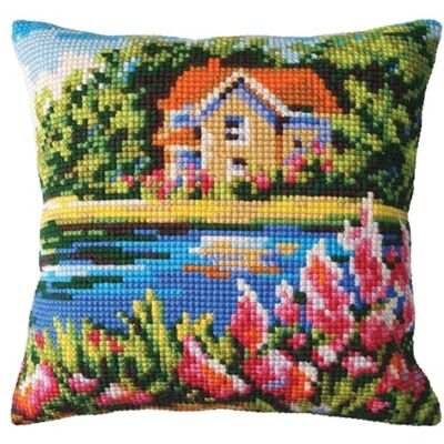 ART Cojín de punto de cruz, diseño de casa en el lago ART Cojín de punto de cruz, diseño de casa en el lago