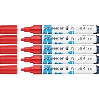 Schneider Paint-It Rotuladores acrílicos (punta redonda de 4 mm, 5 unidades), color rojo Schneider Paint-It Rotuladores acrílicos (punta redonda de 4 mm, 5 unidades), color rojo