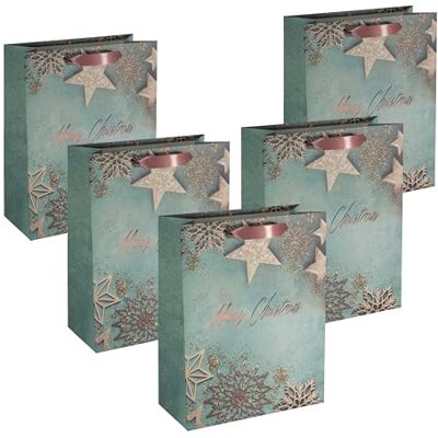 Sigel Juego de 5 bolsas de regalo de papel con asas de seda, 26 x 33 x 12 cm, color azul y cobre Sigel Juego de 5 bolsas de regalo de papel con asas de seda, 26 x 33 x 12 cm, color azul y cobre