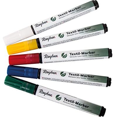 Rayher Rotuladores textiles 5 colores, punta redonda 2-4 mm, rotuladores tela lavables, Rayher Rotuladores textiles 5 colores, punta redonda 2-4 mm, rotuladores tela lavables,