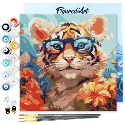 ART Mini Pintar por Números 20x20cm con marco para Adultos Cachorro de tigre de fantasía y flores Manualidades con pintura acrílica Kit Cuadro DIY completo ART Mini Pintar por Números 20x20cm con marco para Adultos Cachorro de tigre de fantasía y flores Manualidades con pintura acrílica Kit Cuadro DIY completo