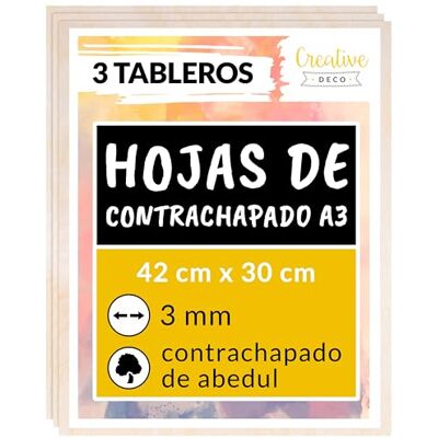 Creative 3 x A3 Tablero Madera Manualidades Contrachapado 420 x 300 x 3 mm (+/- 2mm) Chapa Maciza Abedul Maderas para Bricolaje Pirograbado, Corte por Laser, CNC Router, Modelado Creative 3 x A3 Tablero Madera Manualidades Contrachapado 420 x 300 x 3 mm (+/- 2mm) Chapa Maciza Abedul Maderas para Bricolaje Pirograbado, Corte por Laser, CNC Router, Modelado