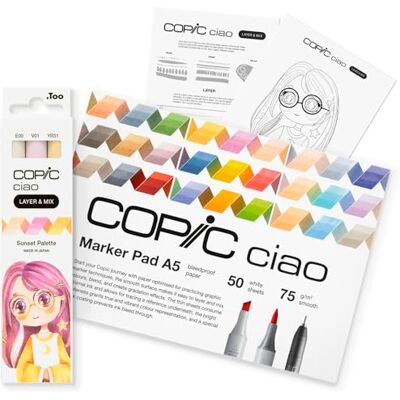 COPIC Ciao LAYER & MIX Starter Set Sunset, juego de rotuladores con 3 colores diferentes, papel de rotulador y plantilla de dibujo para calcar, incl. hoja de ejercicios de familiarización COPIC Ciao LAYER & MIX Starter Set Sunset, juego de rotuladores con 3 colores diferentes, papel de rotulador y plantilla de dibujo para calcar, incl. hoja de ejercicios de familiarización
