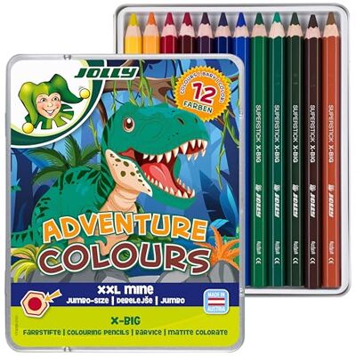 JOLLY X-Big Adventure Colours Juego de 12 lápices de colores para niños extra gruesos con mina XXL de 6,4 mm, irrompibles, alta intensidad de color, incluye pegatinas de dinosaurio, para JOLLY X-Big Adventure Colours Juego de 12 lápices de colores para niños extra gruesos con mina XXL de 6,4 mm, irrompibles, alta intensidad de color, incluye pegatinas de dinosaurio, para