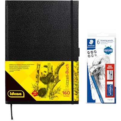 Idena Staedtler 90346 Cuaderno de bocetos DIN A4 con 160 páginas, en blanco, incluye juego de 6 lápices de dibujo, sacapuntas y goma de borrar Idena Staedtler 90346 Cuaderno de bocetos DIN A4 con 160 páginas, en blanco, incluye juego de 6 lápices de dibujo, sacapuntas y goma de borrar