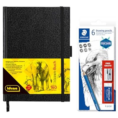 Idena Staedtler 90348 – Cuaderno de bocetos DIN A5 con 160 páginas, en blanco, incluye juego de 6 lápices de dibujo, sacapuntas y goma de borrar Idena Staedtler 90348 – Cuaderno de bocetos DIN A5 con 160 páginas, en blanco, incluye juego de 6 lápices de dibujo, sacapuntas y goma de borrar