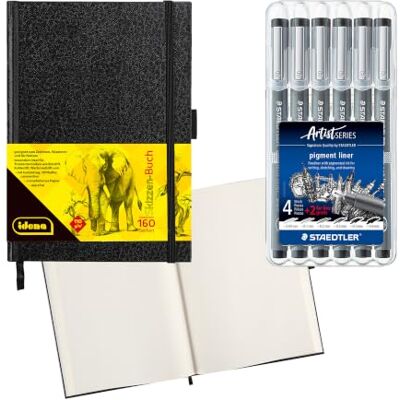 Idena 90347 – Cuaderno de bocetos DIN A5 con 160 páginas, en blanco, incluye 6 rotuladores Staedtler, punta revestida de metal en 6 anchos de línea Idena 90347 – Cuaderno de bocetos DIN A5 con 160 páginas, en blanco, incluye 6 rotuladores Staedtler, punta revestida de metal en 6 anchos de línea