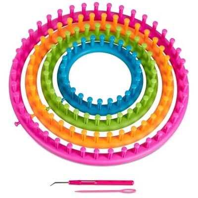 Relaxdays Kit Tejer, Set 4 Telares Circulares, Niños y Principiantes, Ø 28cm, 24cm, 19cm, 14cm, con Agujas, Multicolor Relaxdays Kit Tejer, Set 4 Telares Circulares, Niños y Principiantes, Ø 28cm, 24cm, 19cm, 14cm, con Agujas, Multicolor