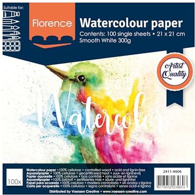 Florence Papel para Acuarela Liso Papel Aquarelle para Pintura al Agua 21 x 21 cm Blanco Bloc de Dibujo y Cuaderno para Dibujar, Papel Artístico y para Acuarela 300 gsm Florence Papel para Acuarela Liso Papel Aquarelle para Pintura al Agua 21 x 21 cm Blanco Bloc de Dibujo y Cuaderno para Dibujar, Papel Artístico y para Acuarela 300 gsm