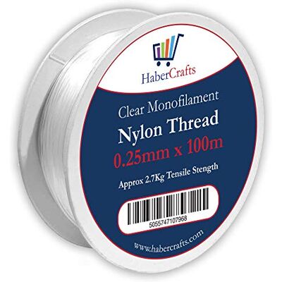 Habercrafts Hilo de Nailon Transparente de 0,25 mm, no elástico, para Colgar Decoraciones, Manualidades, Fiestas, Arco de Globos y bisutería, Resistencia a la tracción, 2,7 kg (0,25 mm x 100 m) Habercrafts Hilo de Nailon Transparente de 0,25 mm, no elástico, para Colgar Decoraciones, Manualidades, Fiestas, Arco de Globos y bisutería, Resistencia a la tracción, 2,7 kg (0,25 mm x 100 m)
