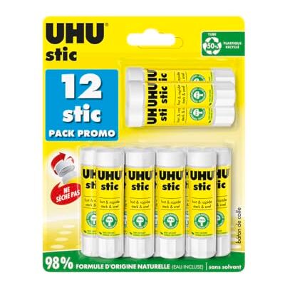 UHU Stic – Palo de pegamento sin disolventes – Pegamento infantil, ocio creativo, oficina, casa, escuela, color blanco – Suministros de oficina – Juego de 12 Stics de 8,2 g UHU Stic – Palo de pegamento sin disolventes – Pegamento infantil, ocio creativo, oficina, casa, escuela, color blanco – Suministros de oficina – Juego de 12 Stics de 8,2 g