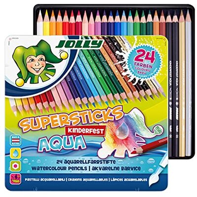JOLLY Supersticks Kinderfest AQUA estuche metálico de 24, lápices de colores acuarelables con mina de 3,8 mm, estuche de madera reforzado, para efectos acuarelables vivos JOLLY Supersticks Kinderfest AQUA estuche metálico de 24, lápices de colores acuarelables con mina de 3,8 mm, estuche de madera reforzado, para efectos acuarelables vivos