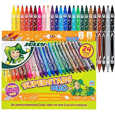 JOLLY Superstar DUO rotuladores de fibra 12 colores surtidos en estuche de cartón, dos puntas para colorear y dibujar, tinta lavable, capuchón con válvula de seguridad JOLLY Superstar DUO rotuladores de fibra 12 colores surtidos en estuche de cartón, dos puntas para colorear y dibujar, tinta lavable, capuchón con válvula de seguridad