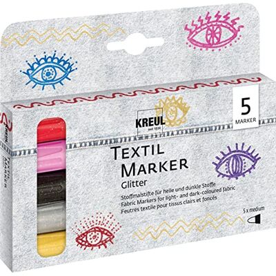 KREUL Set de rotuladores textiles purpurina, medio, 5 piezas, ancho de trazo de 2 a 4 mm, base agua, rotuladores semiopacos para tejidos con efecto purpurina KREUL Set de rotuladores textiles purpurina, medio, 5 piezas, ancho de trazo de 2 a 4 mm, base agua, rotuladores semiopacos para tejidos con efecto purpurina