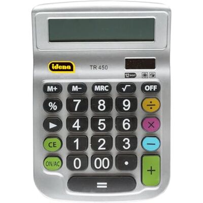 Idena Calculadora de sobremesa TR 450, pantalla de 12 dígitos, funcionamiento con pilas, funcionamiento solar, cálculo de raíces, cálculo de porcentajes, función de memoria, plata Idena Calculadora de sobremesa TR 450, pantalla de 12 dígitos, funcionamiento con pilas, funcionamiento solar, cálculo de raíces, cálculo de porcentajes, función de memoria, plata