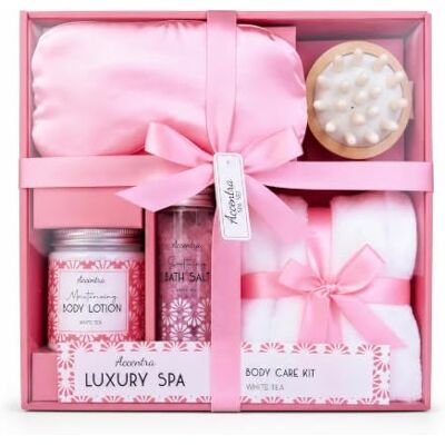 accentra LUXURY SPA set regalo Té Blanco rosa 200 g sales de baño Presentación lista para obsequiar, baño en casa, loción corporal, cepillo masaje, dos toallas invitado, pausa personal accentra LUXURY SPA set regalo Té Blanco rosa 200 g sales de baño Presentación lista para obsequiar, baño en casa, loción corporal, cepillo masaje, dos toallas invitado, pausa personal