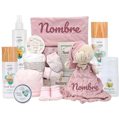 Mababyshop Cesta de Bebé Personalizada My Little Velvet (Maquillaje) Cesta bebé personalizada con cosmética natural, dou dou bordado, mini pastel de pañales y marco con significado del nombre Mababyshop Cesta de Bebé Personalizada My Little Velvet (Maquillaje) Cesta bebé personalizada con cosmética natural, dou dou bordado, mini pastel de pañales y marco con significado del nombre