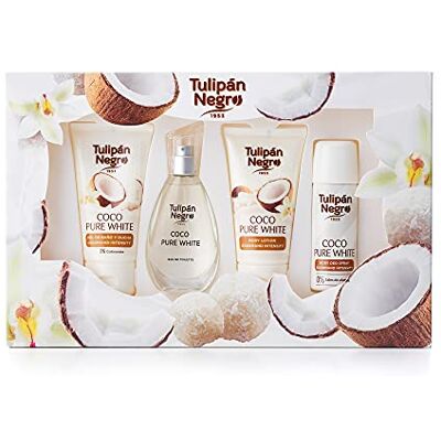 TULIPAN NEGRO Tulipán Negro Estuche Coco Pure White, Colonia 50 ml + Loción Corporal 75 ml + Gel de Baño 75 ml + Desodorante Spray 50 ml, Fragancia Dulce y Tropical TULIPAN NEGRO Tulipán Negro Estuche Coco Pure White, Colonia 50 ml + Loción Corporal 75 ml + Gel de Baño 75 ml + Desodorante Spray 50 ml, Fragancia Dulce y Tropical