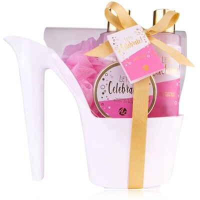 accentra LET'S CELEBRATE Set de baño en tacones altos para mujer, set de regalo en tacón alto con gel de ducha, baño de espuma, loción corporal, exfoliante corporal, esponja de malla, aroma de rosa accentra LET'S CELEBRATE Set de baño en tacones altos para mujer, set de regalo en tacón alto con gel de ducha, baño de espuma, loción corporal, exfoliante corporal, esponja de malla, aroma de rosa