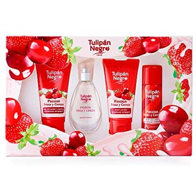 TULIPAN NEGRO Tulipán Negro Estuche Fresa y Cereza, Colonia 50 ml + Loción Corporal 75 ml + Gel de Baño 75 ml + Desodorante Spray 50 ml, Fragancia Dulce y Afrutada TULIPAN NEGRO Tulipán Negro Estuche Fresa y Cereza, Colonia 50 ml + Loción Corporal 75 ml + Gel de Baño 75 ml + Desodorante Spray 50 ml, Fragancia Dulce y Afrutada