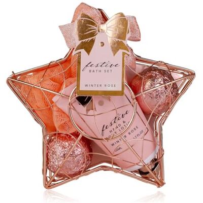 accentra Set de ducha para mujer Festive en cesta de alambre rosa con forma de estrella – 3 piezas de cuidado con loción corporal y de manos, fizzer de baño y esponja de malla – Set de regalo para accentra Set de ducha para mujer Festive en cesta de alambre rosa con forma de estrella – 3 piezas de cuidado con loción corporal y de manos, fizzer de baño y esponja de malla – Set de regalo para