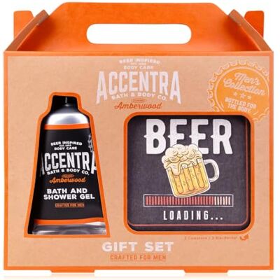 accentra Set de regalo para hombre, colección Men, set de cuidado con gel de baño y ducha de 60 ml y 2 tapas de cerveza (cuadradas), aroma a madera ámbar, caja de regalo de papel kraft para cumpleaños accentra Set de regalo para hombre, colección Men, set de cuidado con gel de baño y ducha de 60 ml y 2 tapas de cerveza (cuadradas), aroma a madera ámbar, caja de regalo de papel kraft para cumpleaños