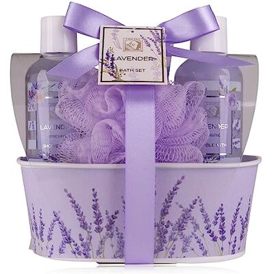 accentra set de ducha set de regalo para mujer LAVANDA en una hermosa caja de metal set de cuidado de 4 piezas con gel de ducha, loción corporal, baño de burbujas y esponja de red bienestar accentra set de ducha set de regalo para mujer LAVANDA en una hermosa caja de metal set de cuidado de 4 piezas con gel de ducha, loción corporal, baño de burbujas y esponja de red bienestar