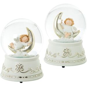 DRW Set de 2 Bolas de Nieve con Figura de Angel en Luna Musical de Resina a Cuerda en Blanco y Plateado 10x10x15 cm DRW Set de 2 Bolas de Nieve con Figura de Angel en Luna Musical de Resina a Cuerda en Blanco y Plateado 10x10x15 cm