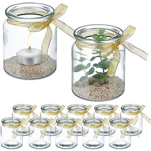 Relaxdays Portavelas, Set de 12, Cristal, Porta Velas Té con Lazo, 9,5 x 8 cm, Interior y Exterior, Transparente/Dorado, Poliéster Relaxdays Portavelas, Set de 12, Cristal, Porta Velas Té con Lazo, 9,5 x 8 cm, Interior y Exterior, Transparente/Dorado, Poliéster