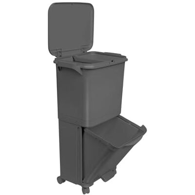 WELL HOME MOBILIARIO & DECORACIÓN Papelera de reciclaje de clasificación selectiva con pedal, ruedas y asa de doble compartimentos de 38L (24L + 14L) gris antracita WELL HOME MOBILIARIO & DECORACIÓN Papelera de reciclaje de clasificación selectiva con pedal, ruedas y asa de doble compartimentos de 38L (24L + 14L) gris antracita