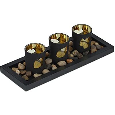 Relaxdays Portavelas Bandeja y Piedras Decorativas, 30 cm Largo, Centro Mesa Salón, Comedor, Candeleros de Vidrio, Negro Relaxdays Portavelas Bandeja y Piedras Decorativas, 30 cm Largo, Centro Mesa Salón, Comedor, Candeleros de Vidrio, Negro