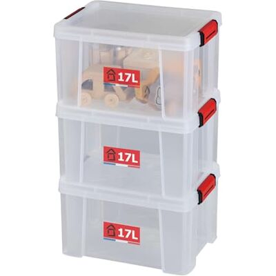 Sundis Clip'N Store, 3 cajas almacenaje con tapa, 17l de capacidad, plastico transparente, reforzados, aptas para alimentos, paredes rectas, apilables y combinables Sundis Clip'N Store, 3 cajas almacenaje con tapa, 17l de capacidad, plastico transparente, reforzados, aptas para alimentos, paredes rectas, apilables y combinables