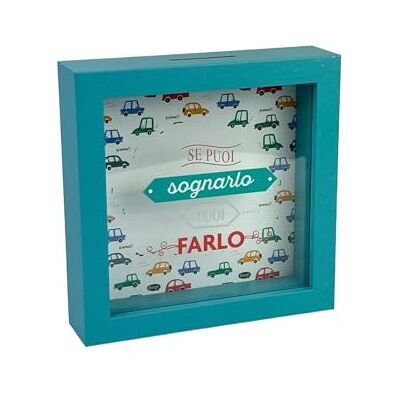 Creative Hucha Decorativa de Madera, 16 x 16 cm, diseño de Coche Vintage, Marco Turquesa con Texto Italiano Creative Hucha Decorativa de Madera, 16 x 16 cm, diseño de Coche Vintage, Marco Turquesa con Texto Italiano